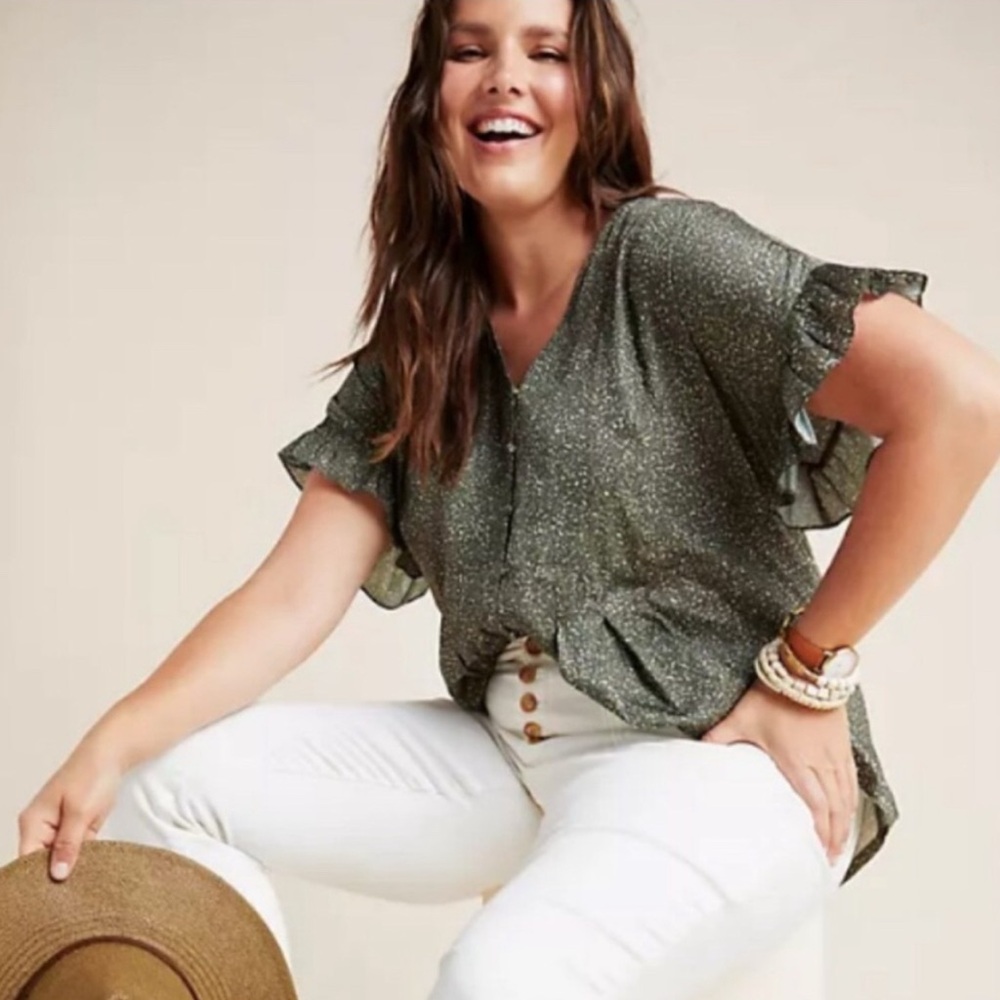 Anthropologie Dolan  Olive Green Button-Up Top blouse flow patterned